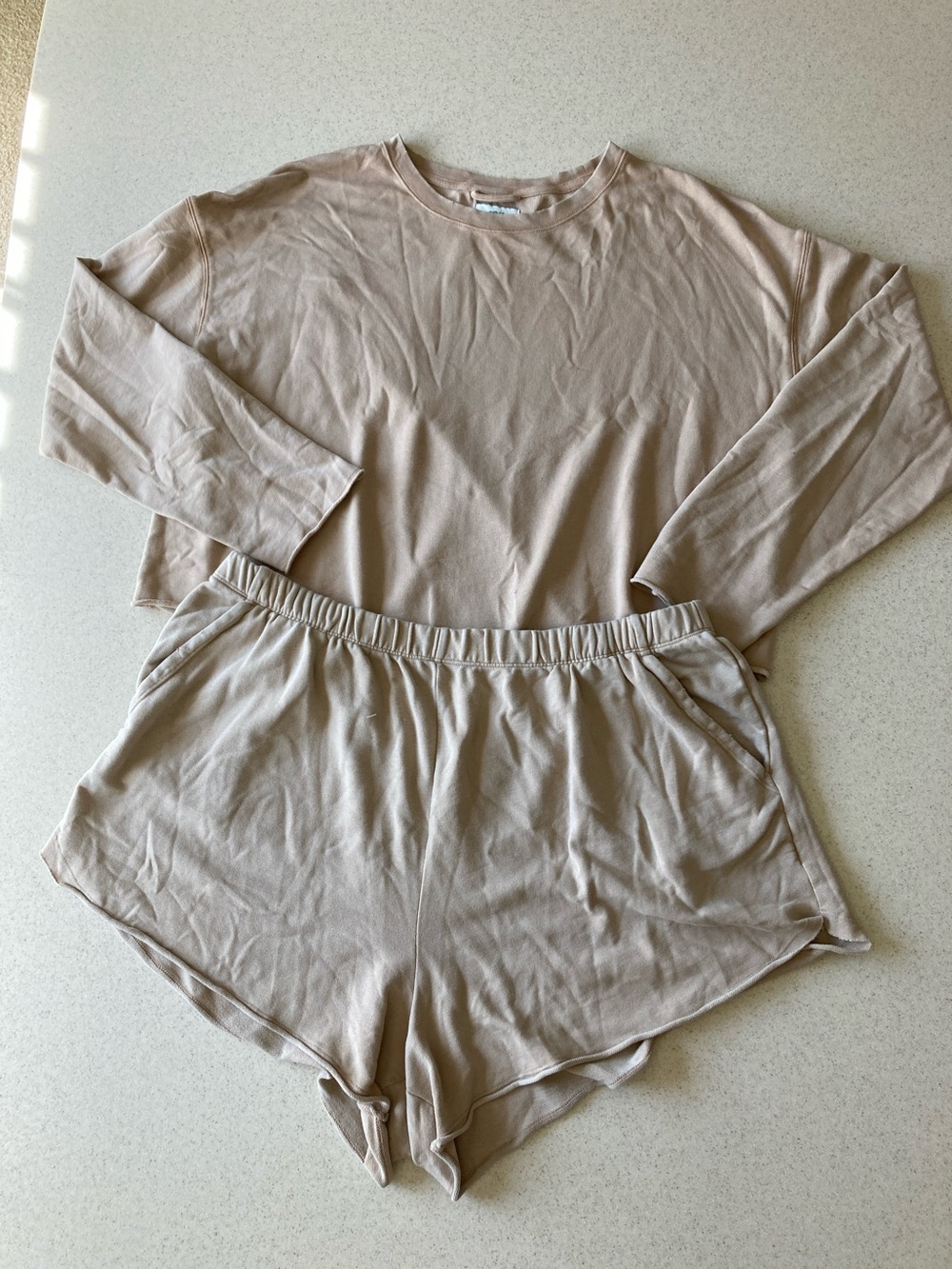 aerie Women's Tan Lounge Set: Long Sleeve Top Size L, Shorts Size XL